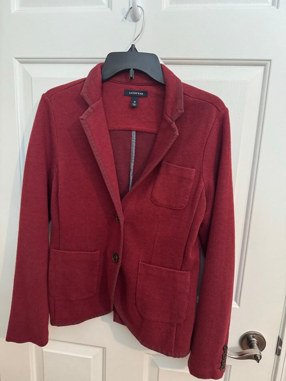 Lands' End Women's Knit Wool Blend Blazer Jacket Preppy 90's Fall School Red 12
